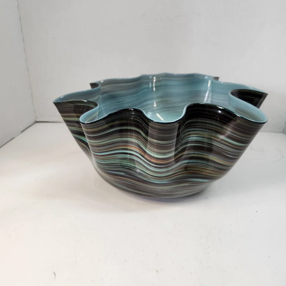 Vintage 3 Pc Murano-Style Art Glass Handkerchief Bowl Set Blue-Green Swirl Read